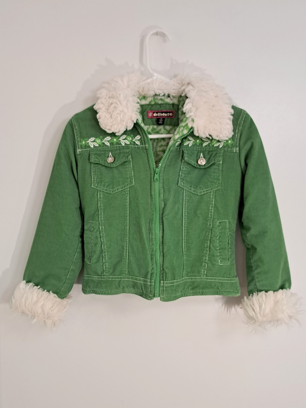Vintage Dollhouse Girl's Green Cordarouy Faux Fur Coat M
